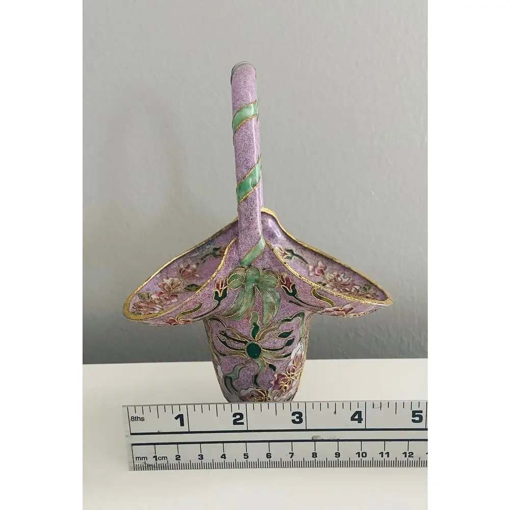 Vintage Chinese Cloisonne Lavender Purple Basket Vase Brass Floral Enamel, 6.25